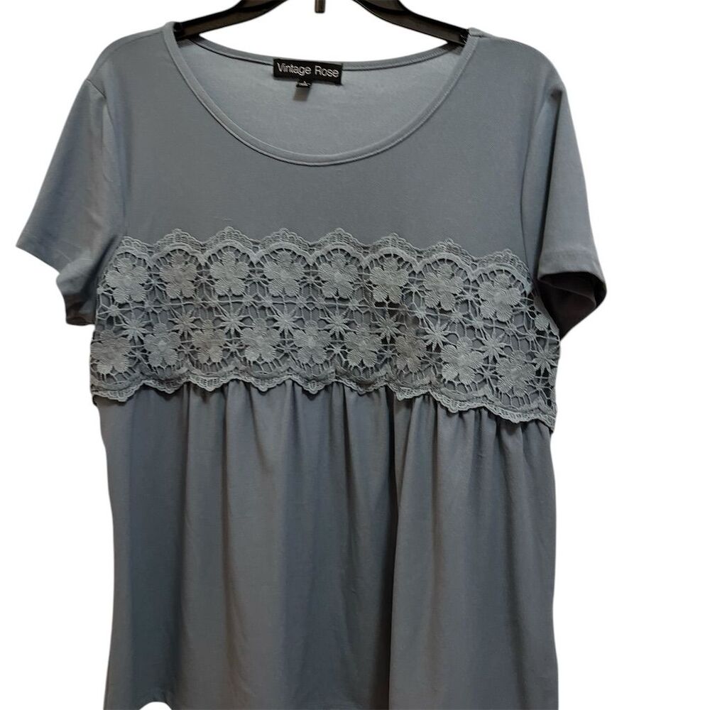 Vintage Rose Women's Blue Gray Short Sleeve Blouse Size L Babydoll Style